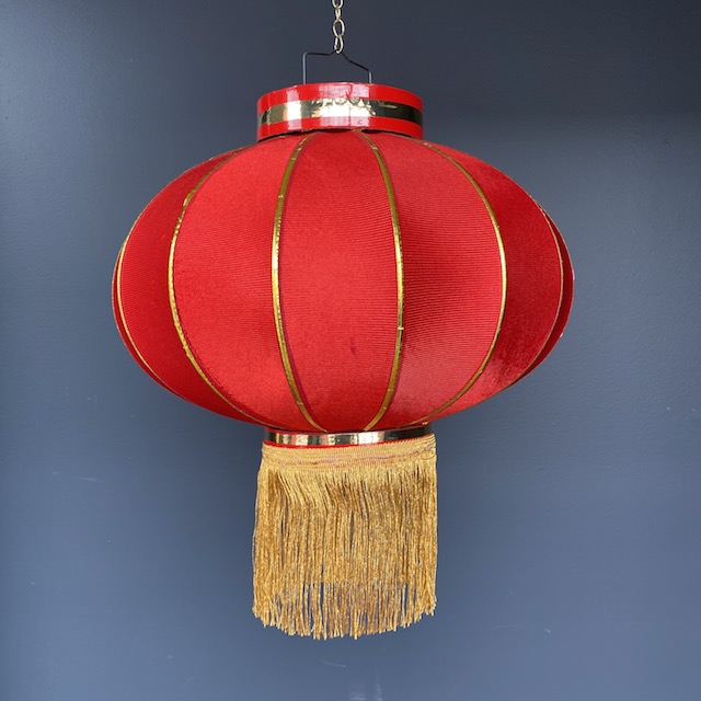 LANTERN, Asian Chinese Red Silk w Red Top and Long Gold Fringe 38cm L